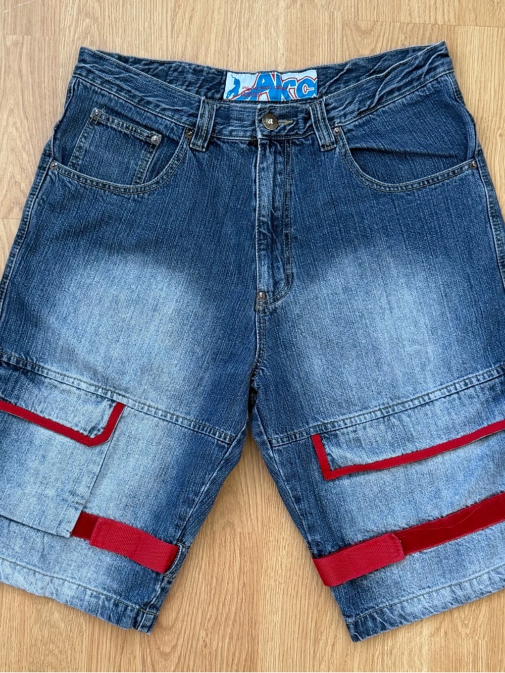 AKCESS Denim Cargo Shorts Men’s 34 Blue Y2K Streetwear Red Strap Baggy